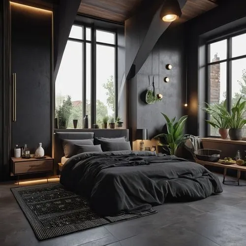 BLACK THEME, BLACK RUSTIC INTERIOR ,ULTRA 32K REALISTIC,loft,bedroom,modern decor,modern room,interior design,sleeping room,interiors,great room,livingroom,contemporary decor,soft furniture,danish fur