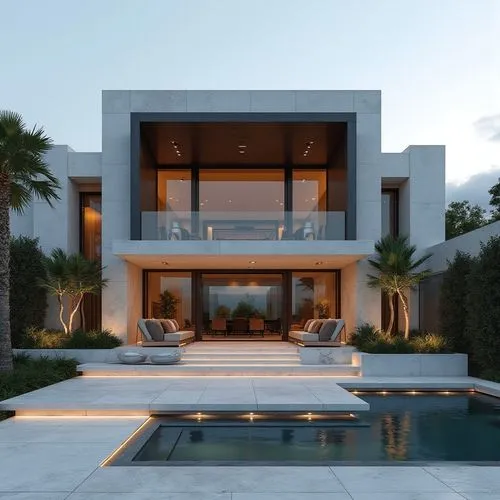 A hyper-realistic, high-resolution architectural photograph capturing a grand, ultra-modern luxury mansion at twilight. The building’s façade is composed of smooth white stone panels contrasted with s