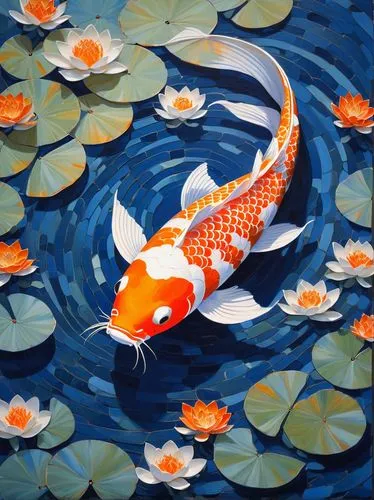 A koi fish, its scales a mosaic of orange and white dots, appearing to swim across a canvas of deep blue dotted waves, infinite reflection, prismatic
















,koi fish,koi carp,koi,koi pond,ko