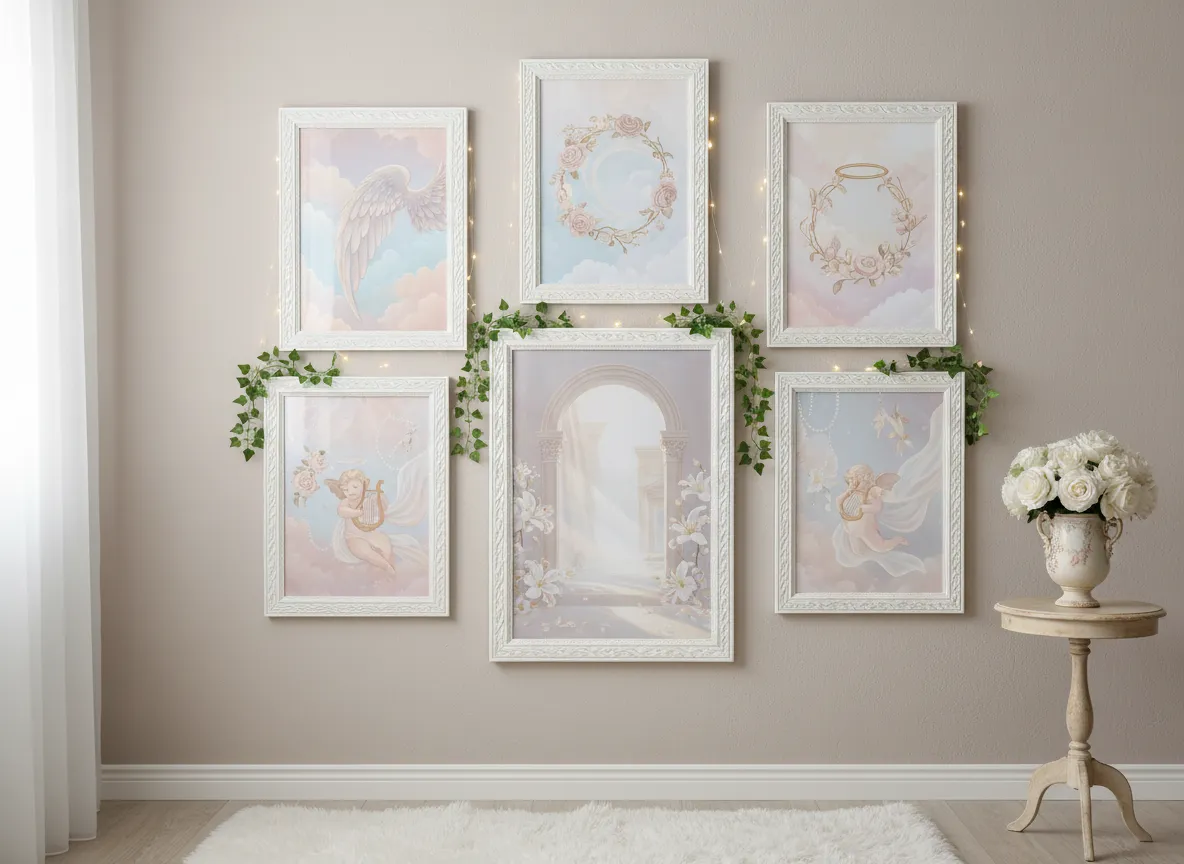 PromeAI के साथ डिज़ाइन किए गए विभिन्न एंजेलकोर कमरे की सजावट के प्रिंटों का एक संग्रह, जो एक दीवार पर मॉकअप फ्रेम में प्रदर्शित हैं।