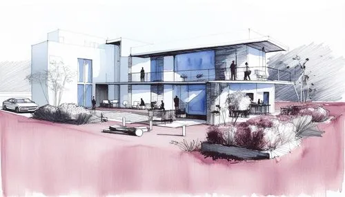a drawing of a modern house surrounded by trees,renderings,habitaciones,landscape design sydney,house drawing,sketchup,unbuilt,core renovation,residencial,3d rendering,cohousing,inhabitation,revit,lan