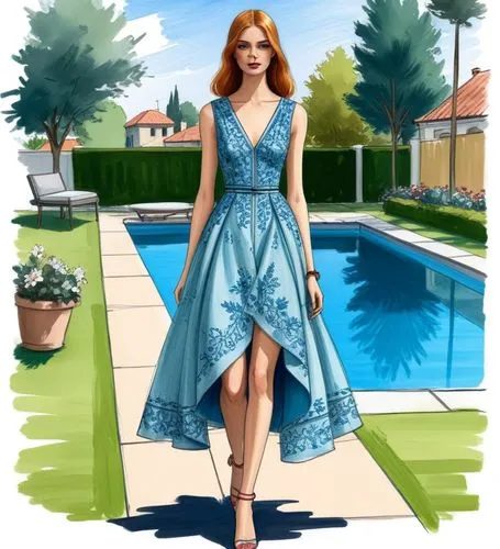 Летний денек кутюрье рисунок скетч,a watercol painting of a woman walking near a pool,fashion vector,refashioned,a floor-length dress,dressmaker,girl in a long dress,denim jumpsuit,blue dress,evening 