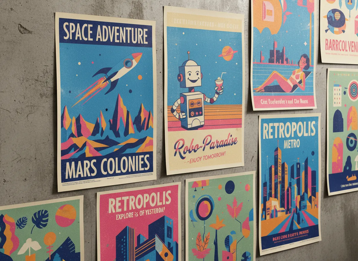 विभिन्न विंटेज और रेट्रो ग्राफिक शैलियों में पोस्टरों का एक संग्रह, जो सभी एक सुसंगत Risograph सौंदर्य का प्रदर्शन करते हैं।