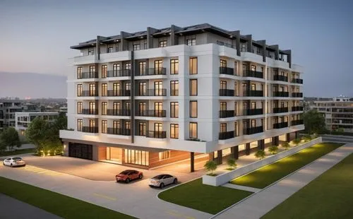 The mid-rise residential building blends seamlessly into the urban landscape with its modern linear form and landscape integration. The design features a sleek paint coating, vertical frames, and larg