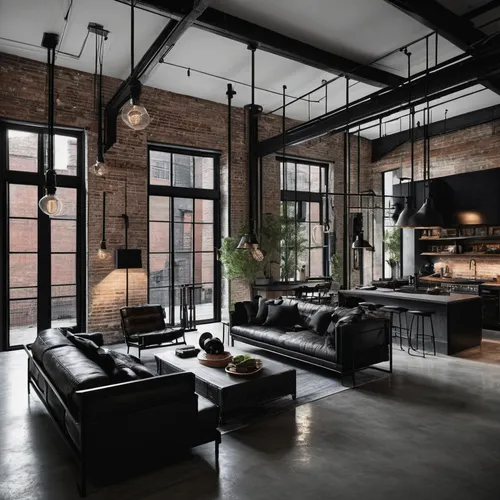 Close-up. An industrial-inspired loft with exposed brick walls, concrete floors, and black metal accents. Incorporate black elements to enhance the raw and edgy aesthetic, using black steel-framed win
