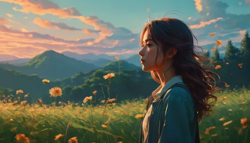 A girl standing in a field, , atey ghailan 8k, anime beautiful peaceful scene, anime art wallpaper 8k, shinkai makoto cyril rolando, by atey ghailan, anime atmosphere, inspired by atey ghailan, anime 