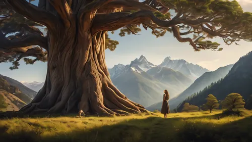 A woman is in front of a giant tree with mountains behind, cinematic action