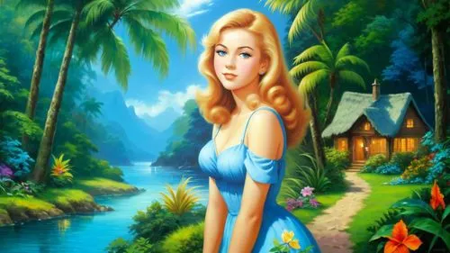Romantic masterpiece oil painting, cute girl portrait, nostalgic 1950's style kitsch, vibrant rainforest cottage landscape, lush tropical jungle paradise, summer beach scenery, by Thomas Kinkade, by B