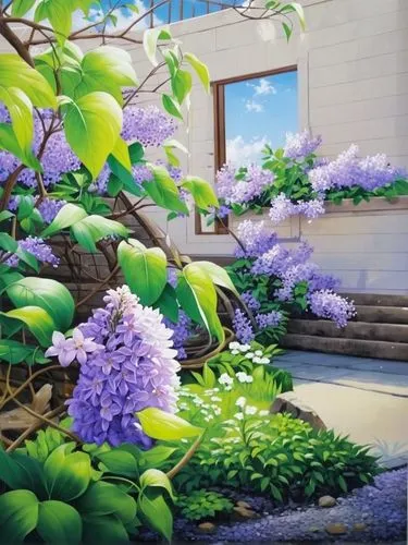 сирень в саду,painting of a garden with flowers and stairs,purple hydrangeas,wisteria shelf,lilac tree,lilac arbor,spring background,hydrangeas