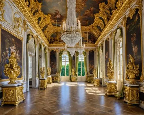 Baroque architecture, Palace of Versailles, grandiose facade, ornate golden details, white marble columns, statues, fountains, Hall of Mirrors, chandeliers, luxurious interior, intricate patterns, vel