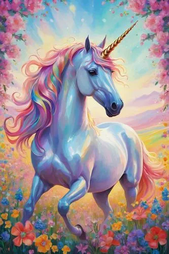Unicorn symbol, mythical creature, majestic posture, shiny horn, colorful mane, sparkly eyes, delicate nose, slender legs, hooves, magical aura, pastel colors, whimsical environment, flowers blooming 