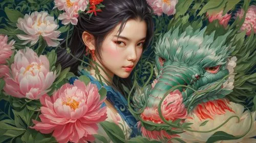Young woman with a chinese dragon, surrounded by peonies,chinese art,oriental painting,chinese peony,lotus flowers,peony,flower painting,mulan,lotus blossom,luo han guo,girl in flowers,peonies,dragon 