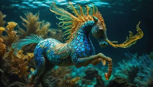 In a surreal underwater world, a magical creature with shimmering, ethereal bodies of shimmering blues and greens surrounds a magnificent creature. Its head is painted in dazzling amber hues that danc