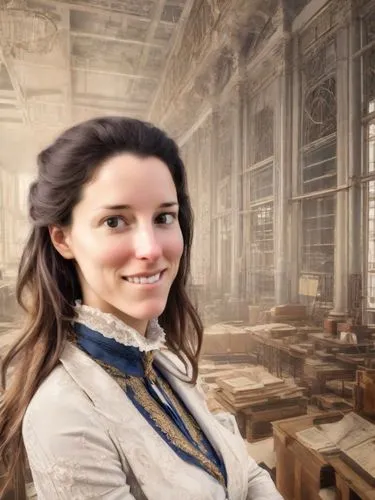 I want her to look like a very skilled businesswoman in finance with a lot of money and an architect of this era, realistic colors. Some blueprints in hand. 19th century, year 2025.,a young woman in a