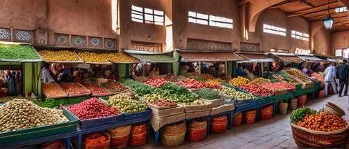 view,marakesh market,several produce is displayed at a market with a bunch of baskets full of vegetables,spice market,vegetable market,fruit market,market vegetables,spice souk,market stall,marketplac