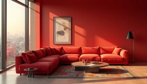 Vibrant red accent wall, modern minimalist interior, powerful bold furniture, striking red sofa, geometric patterned rug, sleek coffee table, artistic lamp, abstract art piece, urban loft apartment, l