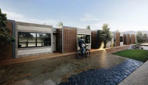 a bike is parked outside a small brick building,landscape design sydney,townhomes,3d rendering,landscape designers sydney,townhome,render,new housing development,garden design sydney,residencial,sketc