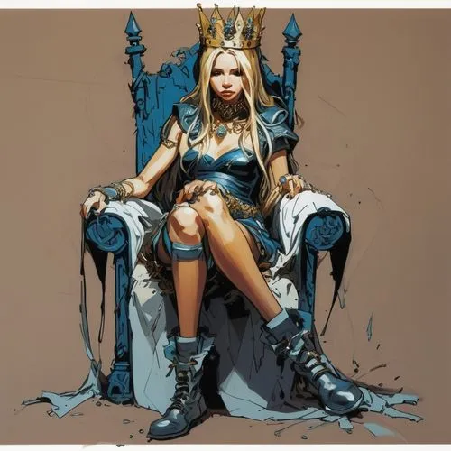 a young queen, sitting on a throne, crown on her head, a total mess around her, showing the full body,throne,queen s,the throne,queen,thrones,queen cage,sitting on a chair,queen crown,queen bee,chair 