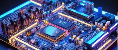 Linux architecture, futuristic, high-tech, 3D illustration, motherboard, CPU, RAM, GPU, SSD, power supply, cooling system, fans, heat sinks, circuit boards, wires, screws, metal casing, LED lights, gl