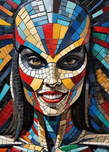 dark woman alien smile warrior "predator"  front view, mosaic colors,mosaics,mosaic,mosaic glass,cubism,cool pop art,wonder woman city,marvel of peru,head woman,woman's face,woman face,graffiti art,po