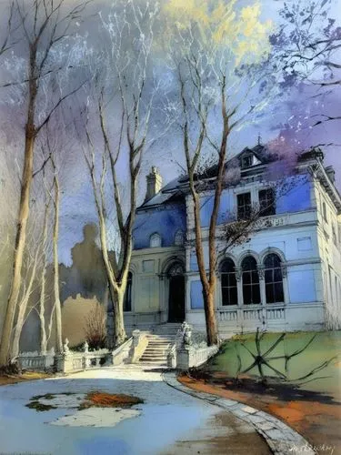 Особняк в парке, весна, солнце ,a painting of a beautiful house near some trees,home landscape,villa,house painting,farmhouse,woman house,winter house