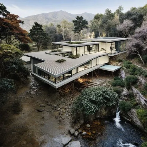 House beside stream,mid century house,house in mountains,house in the mountains,forest house