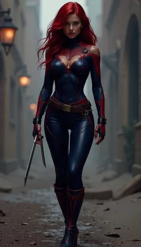Super realistic high definition female version of the Marvel character Nightcrawler,a woman with long red hair and black suit,madelyne,black widow,batwoman,superhero background,kittani,superheroine