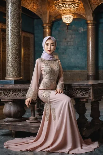 beautiful 20 year old Korean model, full body, beautiful, dress and expensive jewelry, wear hijabi, expensive low-cut dress, pouty lips, sharp-focus, very sharp, high-quality, color, unique, one image