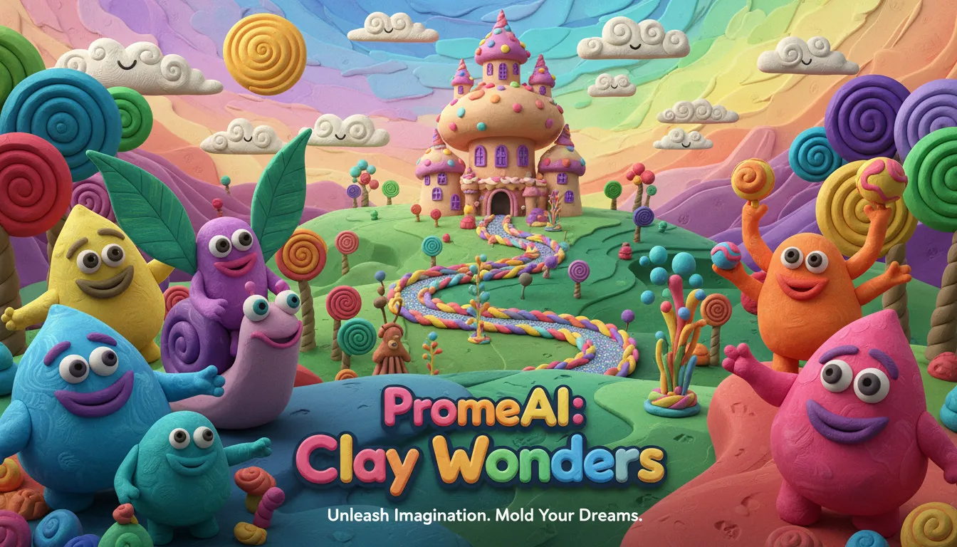 A vibrant and detailed poster created with PromeAI, showcasing whimsical 3d characters in a Claymation style set against a fantastical landscape.