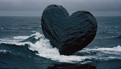 Write a heart-wrenching poem about a watery heart in a stormy sea.,watery heart,blowhole,heart-shaped,stone heart,sea stack,aphrodite's rock,whale fluke,heart shaped,love in the mist,bass rock,split r
