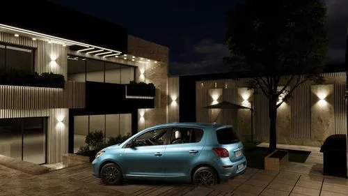 Rotate the car approximately 30 degrees clockwise while keeping its position natural within the scene.

Adjust the vehicle lighting to match a nighttime environment, including realistic reflections, s