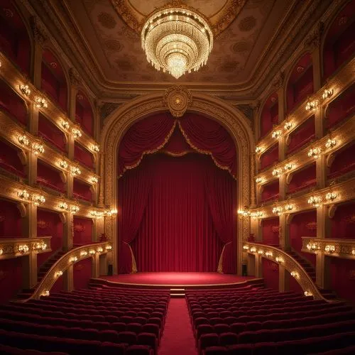 Grand opera house, plum color, bold interior design, luxurious velvet curtains, ornate golden chandeliers, intricate architectural details, grand staircase, red carpet, dramatic lighting, warm ambianc