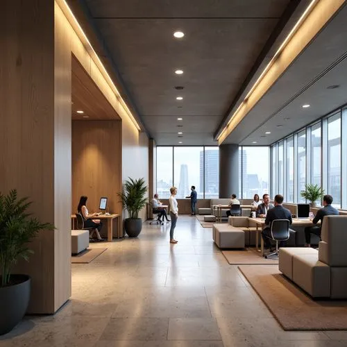 Modern office interior, sleek minimalist design, neutral color palette, modular furniture, ergonomic chairs, collaborative workspaces, private offices, acoustic panels, glass partitions, natural stone