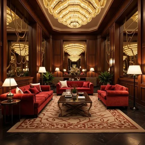 Luxurious Art Deco interior, opulent furnishings, velvet sofas, chrome coffee tables, geometric patterned rugs, ornate mirrors, metallic accents, lavish chandeliers, rich wood paneling, sleek sideboar