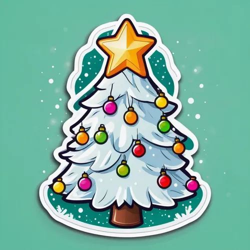 a vector design, kawaii christmas tree inside of a badge, white outlines, christmas lights, Light Pure background,christmas stickers,christmas glitter icons,christmas tree pattern,decorate christmas t