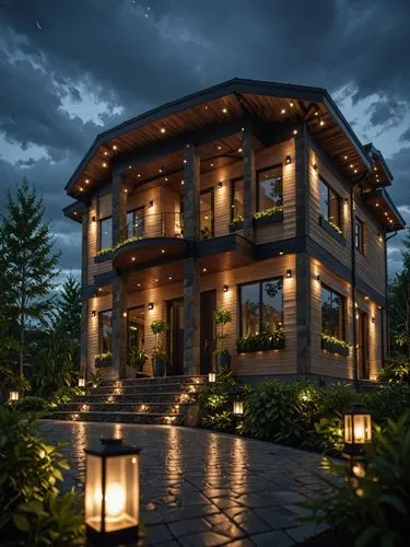 a large mansion is illuminated in a courtyard,luxury home,beautiful home,chalet,log home,modern house,mansion,luxury property,wooden house,luxury home interior,forest house,holiday villa,house in the 