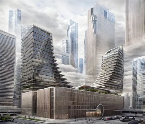 aerial view,distant shot,office building mid rise,commercial building complex,Curved style,Futuristic style,norman foster style,,modern facade,vertical frame,streets,light details,plaza,commercial atm