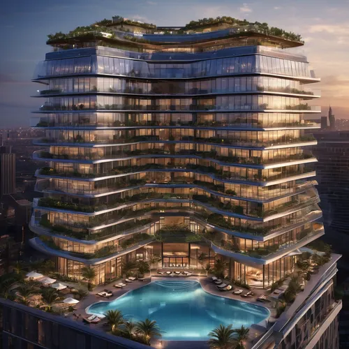 Two 14 stories, solor glass, renewable energies,  triangular outer buildings, separate 14 stories octagonal center building, three pools, one rooftop deck pool, balconies on one building,,largest hote