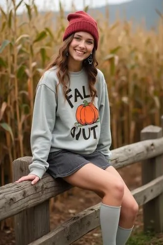 A fun fall outfit with a graphic sweatshirt, mini skirt, and knee-high socks. She’s sitting on a wooden fence near a corn maze, with a playful beanie and quirky earrings, capturing a youthful, festive