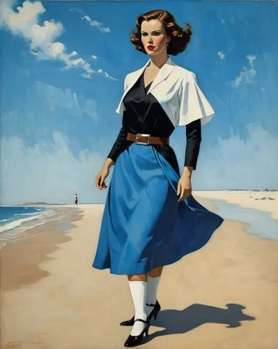 An enigmatic digital illustration: A woman with a vibrant blue dress, adorned in a black belt, and a white collar stands tall. Her gaze, directed sideways, adds mystery; her brown hair adds a splash o