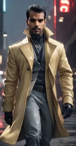 "A tall, muscular man with slicked-back blond hair and a sharp jawline. He wears a long black tactical leather coat with a high collar, black gloves, and shiny red-tinted sunglasses. His expression is