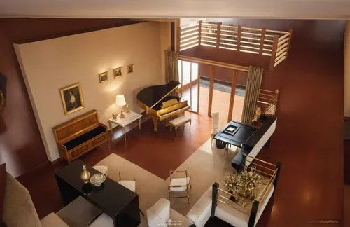 Piano,,an aerial view of a living room with piano in the corner,3d rendering,habitaciones,home interior,interior decoration,loft,interior modern design,modern room,3d render,japanese-style room,living