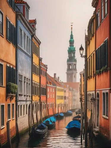Denmark-inspired art, Nordic architecture, grand canal, old harbor, colorful buildings, steeply pitched roofs, ornate facades, intricate stone carvings, Baroque-style spires, golden statues, bronze do