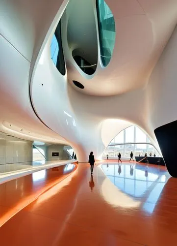 interior of a museum by Zaha Hadid, award winning design,  highly detailed,a person walking past a building with a large white ceiling,futuristic art museum,futuristic architecture,hall of nations,arc