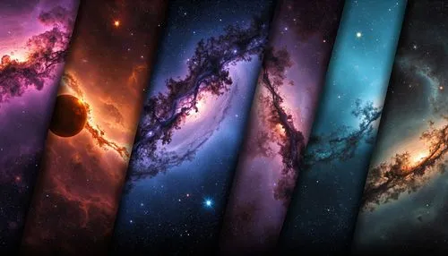 A collage of vibrant and detailed outer space scenes, divided into diagonal bands. Each band showcases a unique nebula and galaxy composition with vivid colors such as deep reds, oranges, blues, purpl