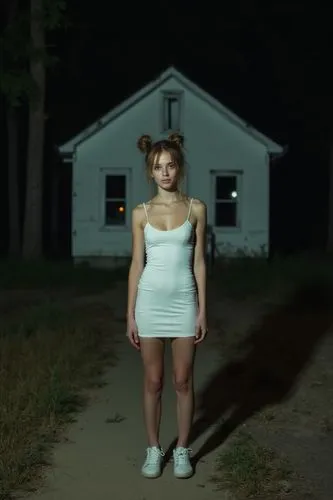 This is a nighttime photograph featuring a young woman standing on a dirt path in front of a dilapidated, white, single-story house. The woman, who appears to be in her late teens or early twenties, h