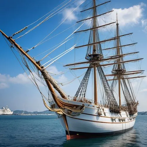 white ship with masts and rigging, Miki Asai Macro photography, close-up, hyper detailed, trending on artstation, sharp focus, studio photo, intricate details, highly detailed,full-rigged ship,east in