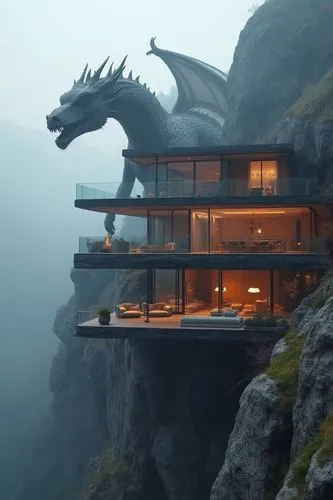 A huge dragon climbs out of a chasm and looms over a house. Foggy atmosphere and ghostly light. A striking modern villa set on the edge of a mountain cliff, featuring cantilevered living spaces that e