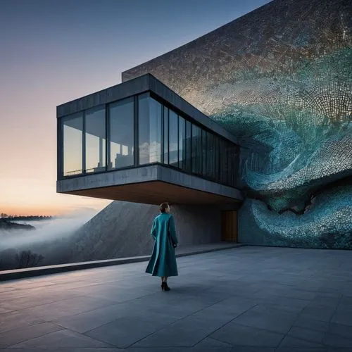modern building with smooth details and precise lines, an attractive fashion model stands ,futuristic art museum,house of the sea,glass wall,elbphilharmonie,glass facade,water wall,soumaya museum,dune