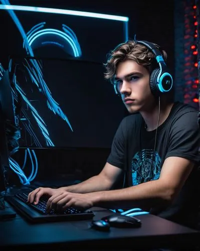 Discord moderator, d4vd gamer, youthful male, messy short hair, gaming headset, casual wear, black graphic t-shirt, ripped jeans, sneakers, sitting, leaning forward, intense facial expression, focused